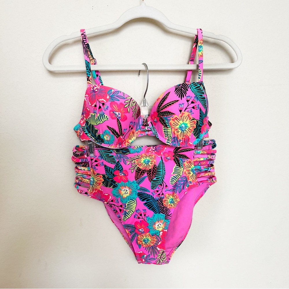 Xhilaration Neon Pink Tropical Floral Bikini Set